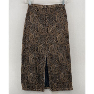 MAREN SPORT Skirt 8 Velvet Paisley Straight Midi Front Slit Cotton Brown Vintage